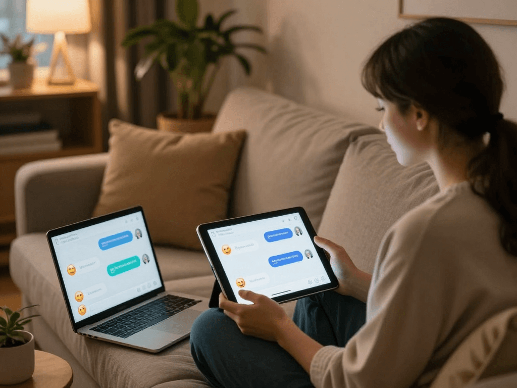 Engaging scene of sex chat AI conversations between users, showcasing intimate virtual interactions on cozy devices.