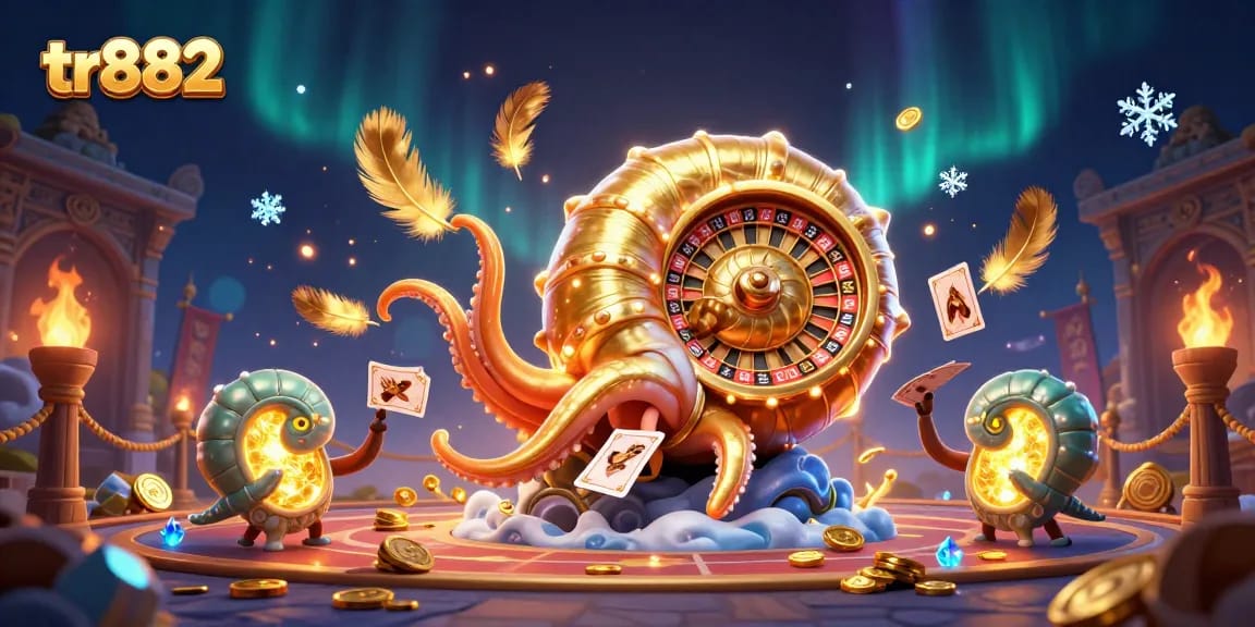 Experience exhilarating gameplay at tr882 with a 3D illustrated giant nautilus and glowing ammonites.