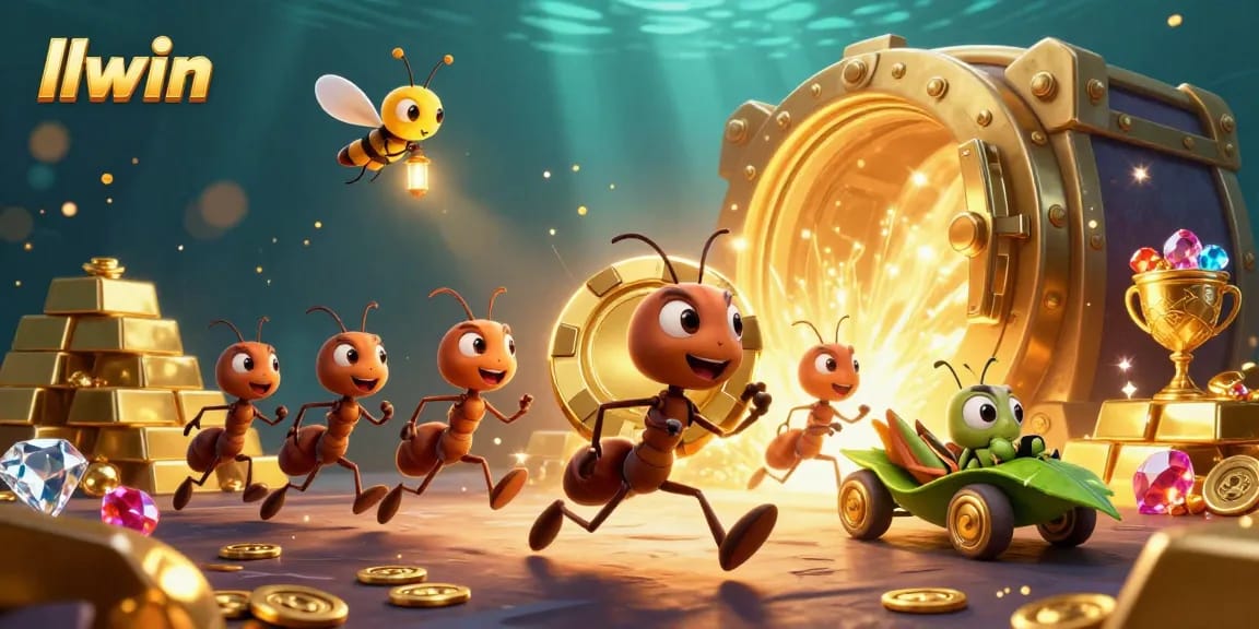 llwin's cartoon ants engaging in a heist with golden poker chips while treasure bursts from a vault.