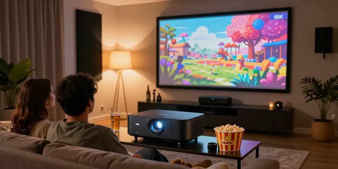 Best projector 2026 showcased in a modern home theater with cozy ambiance and cinema-style setup.