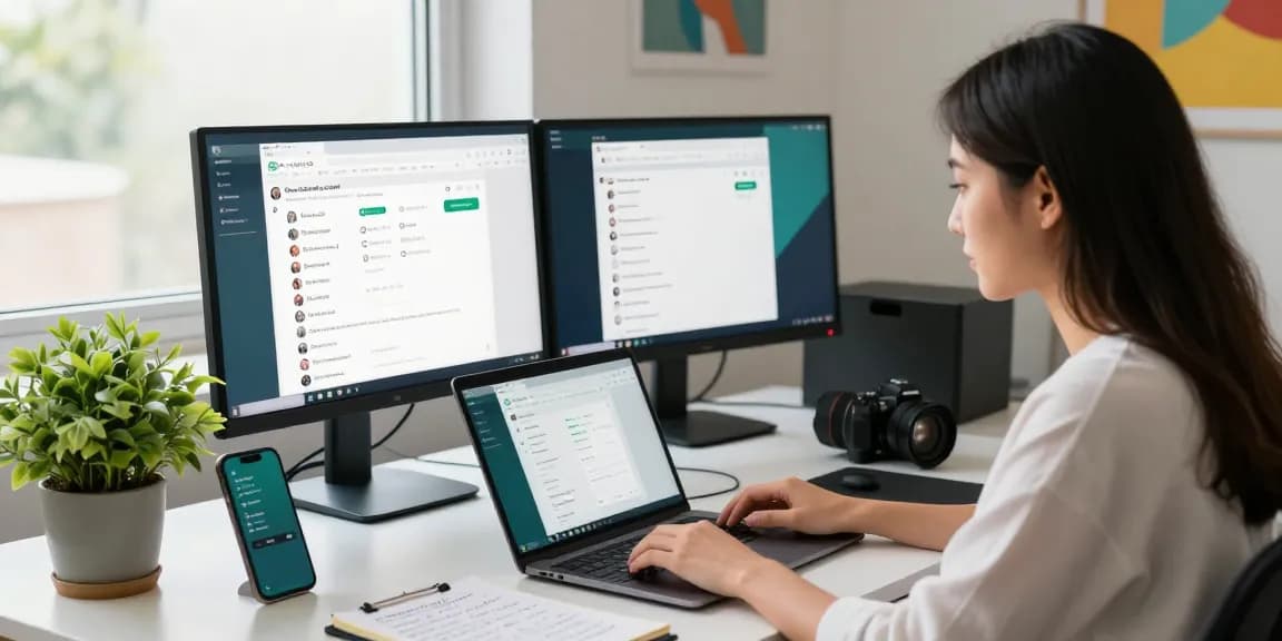 Using WhatsApp網頁版 on a laptop in a modern office environment