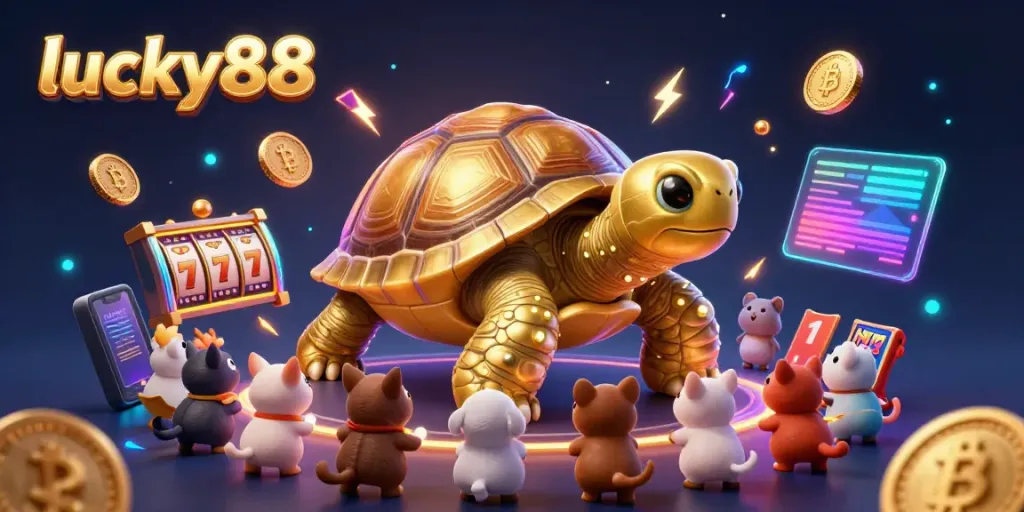 lucky88 captivates players with a vibrant casino scene featuring a giant tortoise pinball machine.