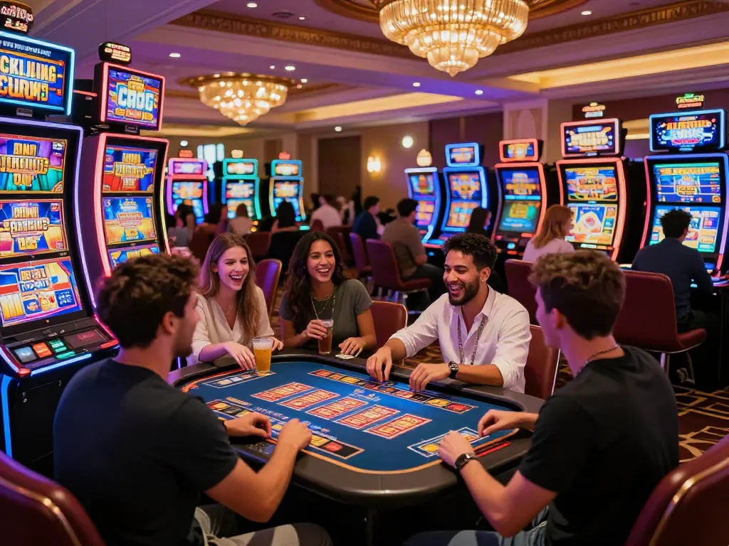 Exciting casino gaming scene showcasing fun at a modern venue not on GamStop with friends enjoying games.