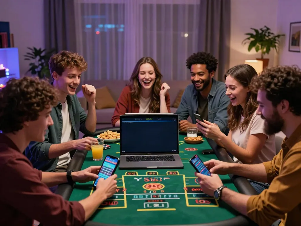 Friends enjoying online gaming experience not on gamstop in cozy living room.
