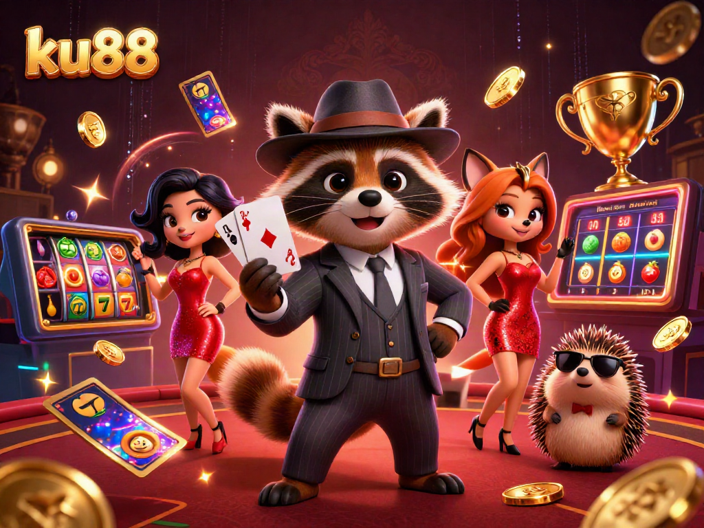 Experience ku88's thrilling live casino with a suave raccoon, stylish fox, and bouncer in action.