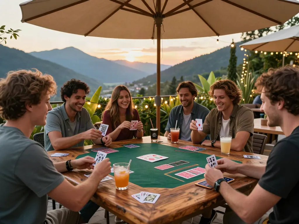 Group of friends playing cards outdoors, emphasizing gaming excitement not on gamstop