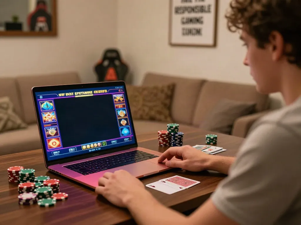 Exciting scene of a player enjoying games not on GamStop in a cozy home setting