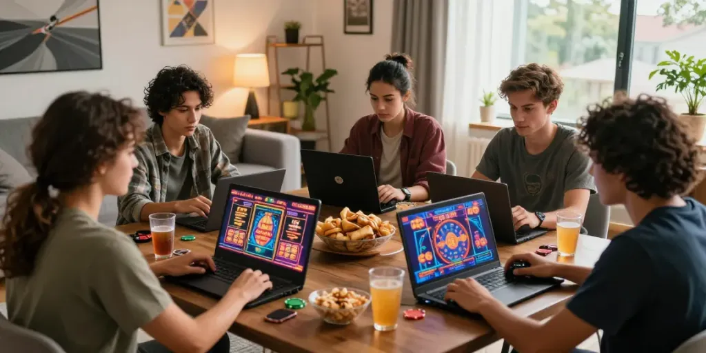 Friends enjoying casino games not on gamstop in a cozy living room.