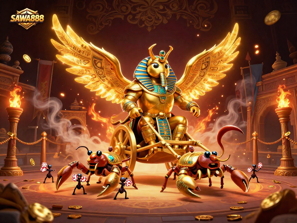 Experience the thrill of SAWA888 with giant beetles, scorpions, and poker chips in a dynamic casino illustration.