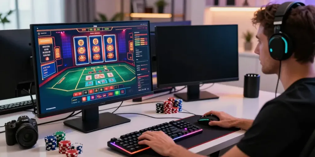 Gamer enjoying online gambling experience not on gamstop with vibrant graphics and gaming setup.