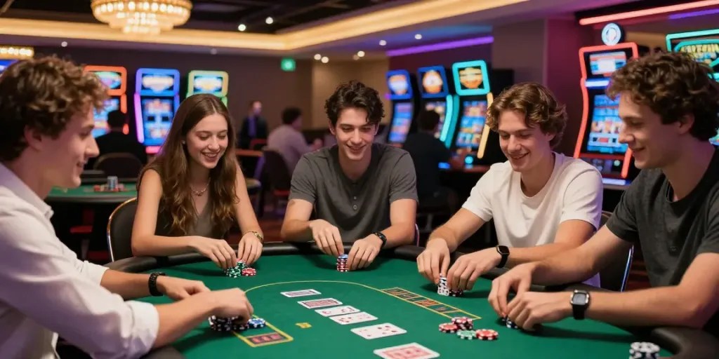 Friends enjoying a game at a casino not on gamstop, vibrant atmosphere and gaming excitement.
