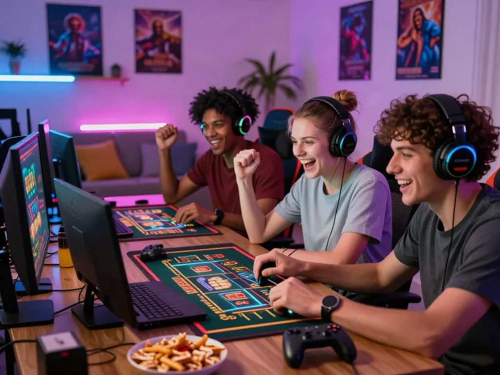 Friends playing online casino games not on gamstop in a lively home setting.