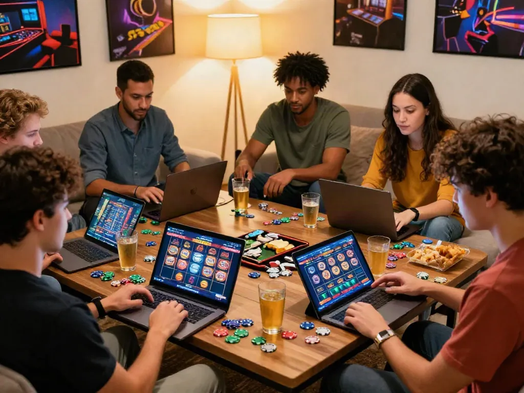 Friends enjoying casino games not on GamStop in a cozy living room.