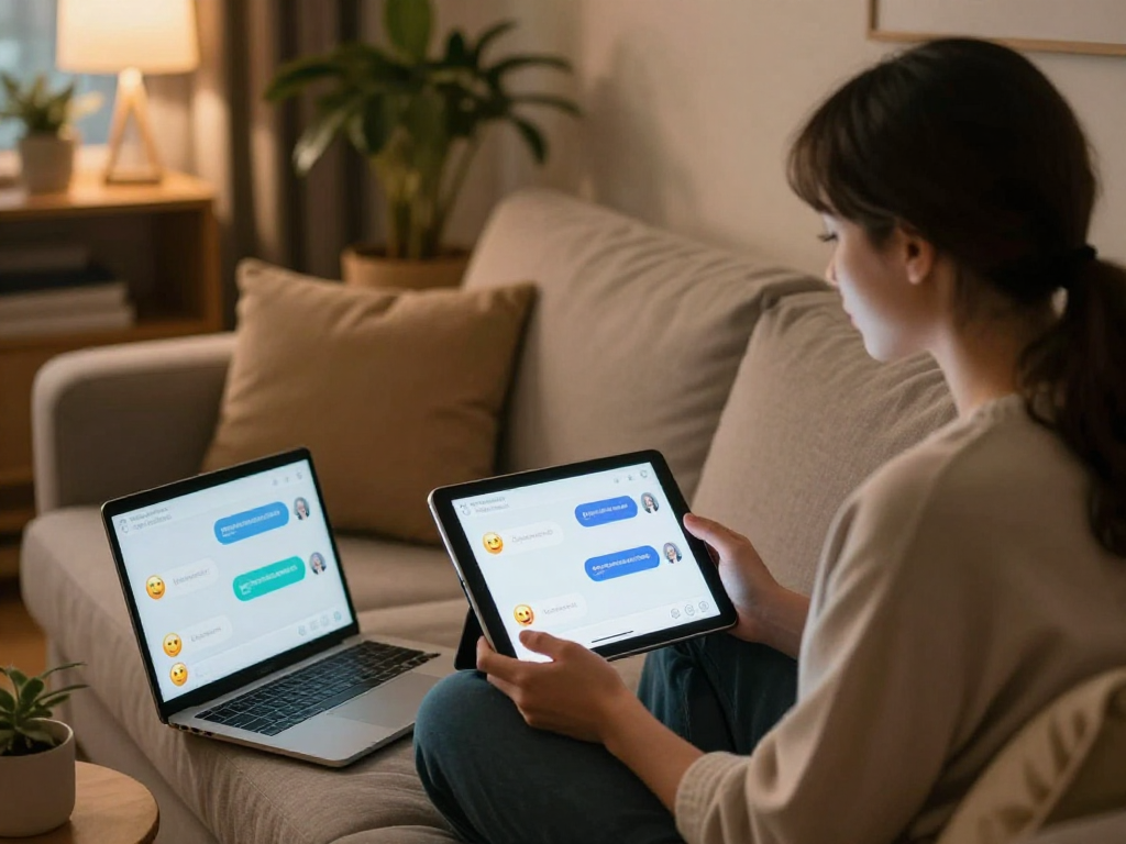 Engaging scene of sex chat AI conversations between users, showcasing intimate virtual interactions on cozy devices.