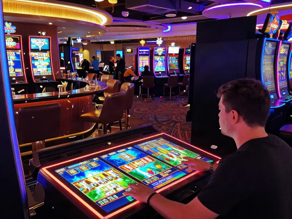 Player enjoying gaming at a vibrant online casino not on gamstop, surrounded by colorful lights.