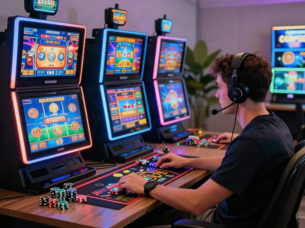 Player engaging with various games at a vibrant online casino not on gamstop