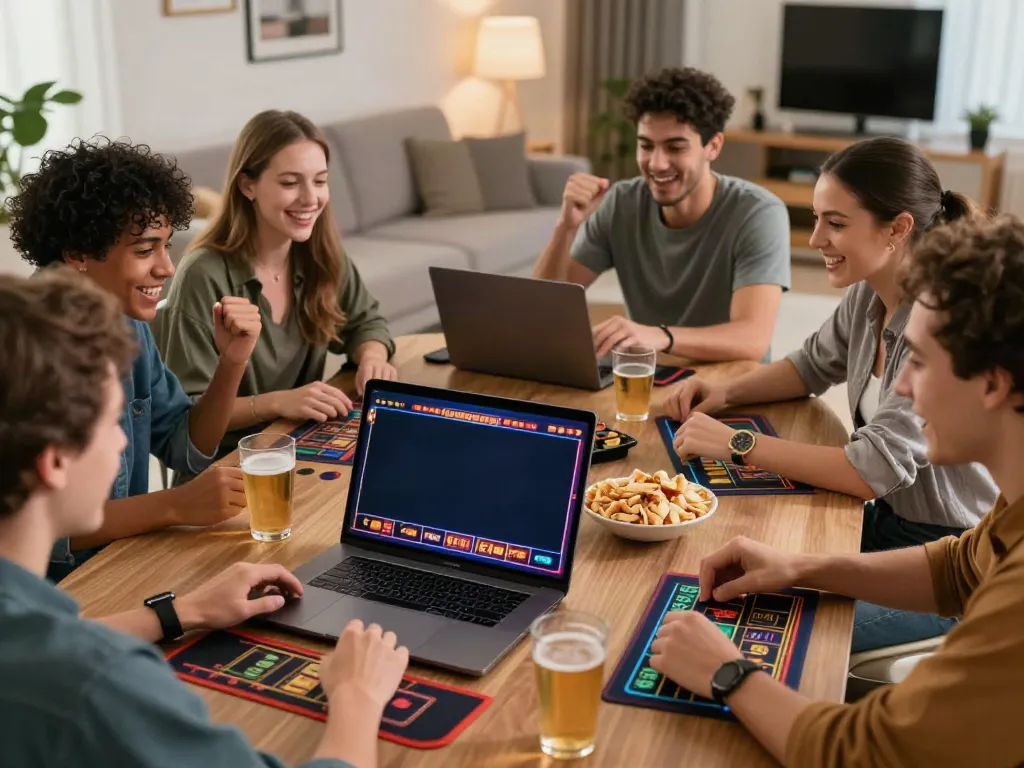 Friends enjoying online casino games not on GamStop in a lively living room.