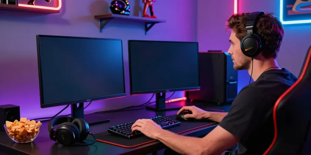 Online gaming setup with casino games not on gamstop, colorful LED lights and gaming accessories enhancing the atmosphere.