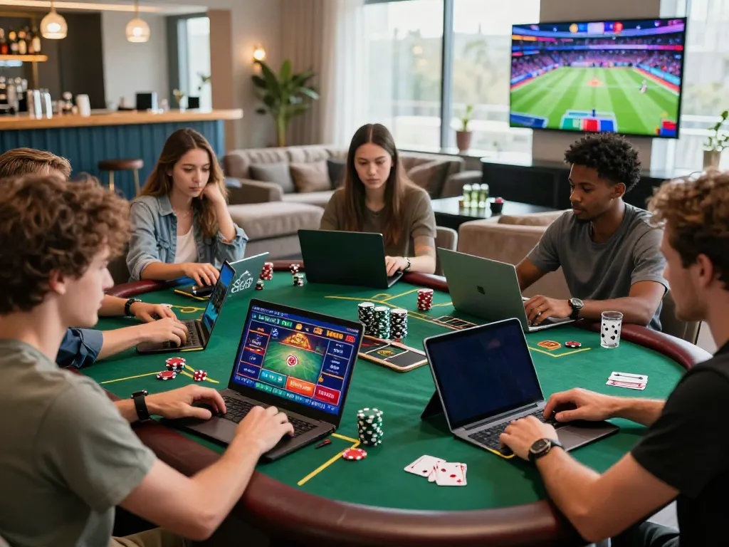 Online gambling players engaging with devices at vibrant casino lounge not on gamstop