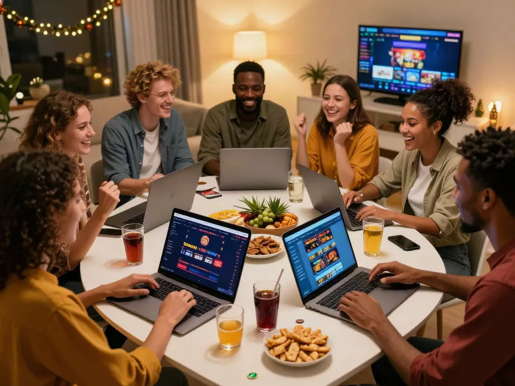 Friends enjoying gaming night with non GamStop casinos online.
