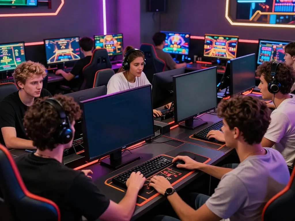 Diverse gamers engaged in a lively online casino game experience, highlighting the keyword 'not on gamstop' in the environment.