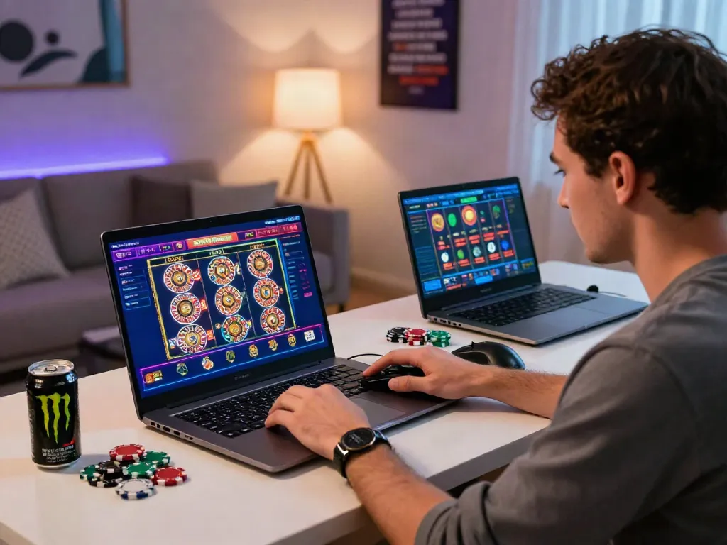 Man exploring online casinos not on GamStop at his stylish gaming desk with vibrant gaming interface.
