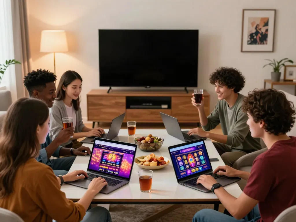 Friends enjoying gaming night on non-GamStop casinos with laptops and snacks.