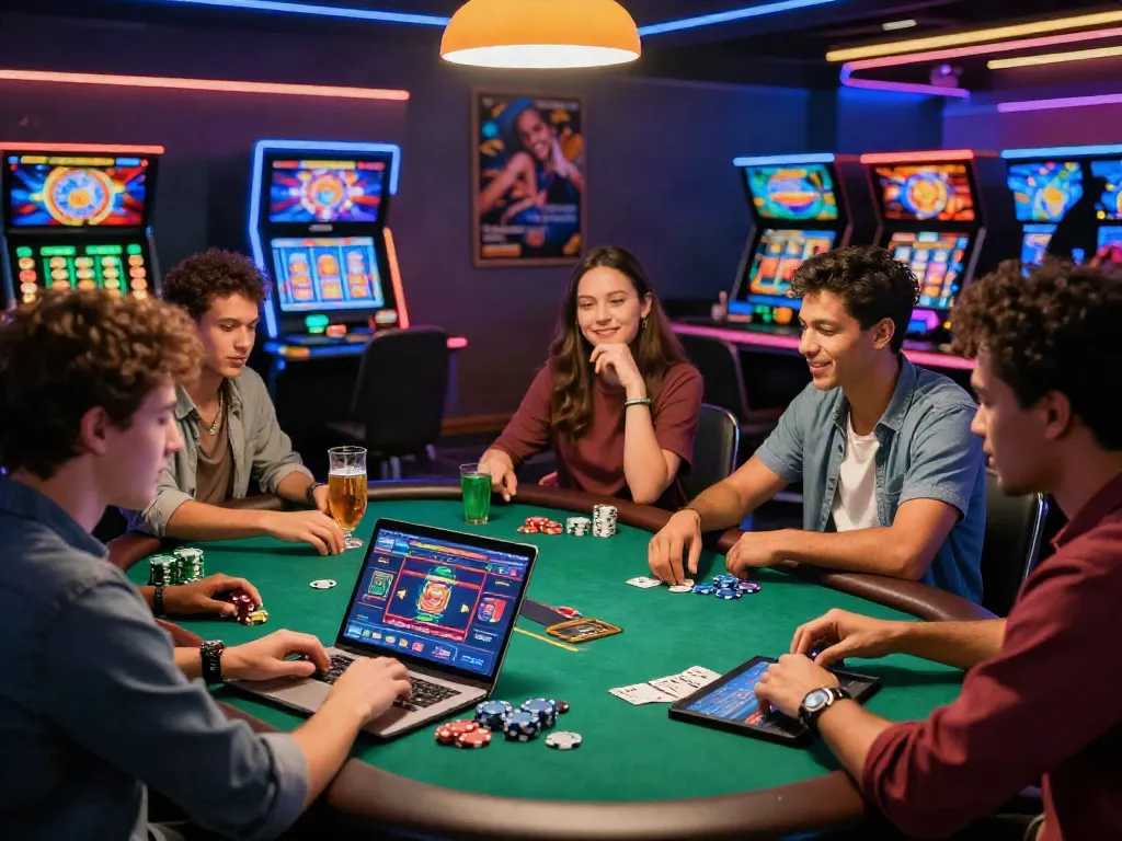 Friends enjoying games at a vibrant online casino not on GamStop