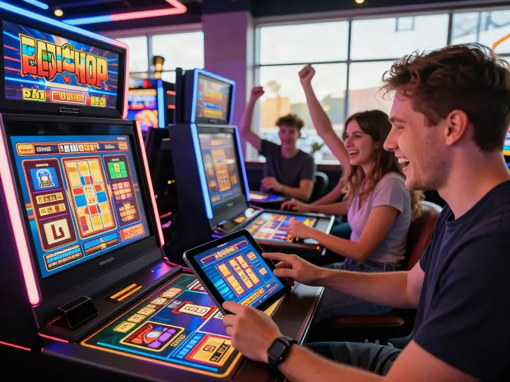 Player engaging in exciting gaming at a casino not on gamstop, showcasing vibrant screens and lively atmosphere.