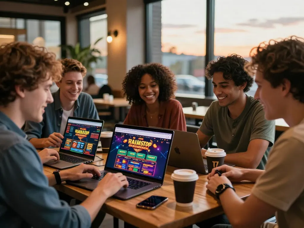 Group enjoying games on a laptop at a café, highlighting options not on GamStop.