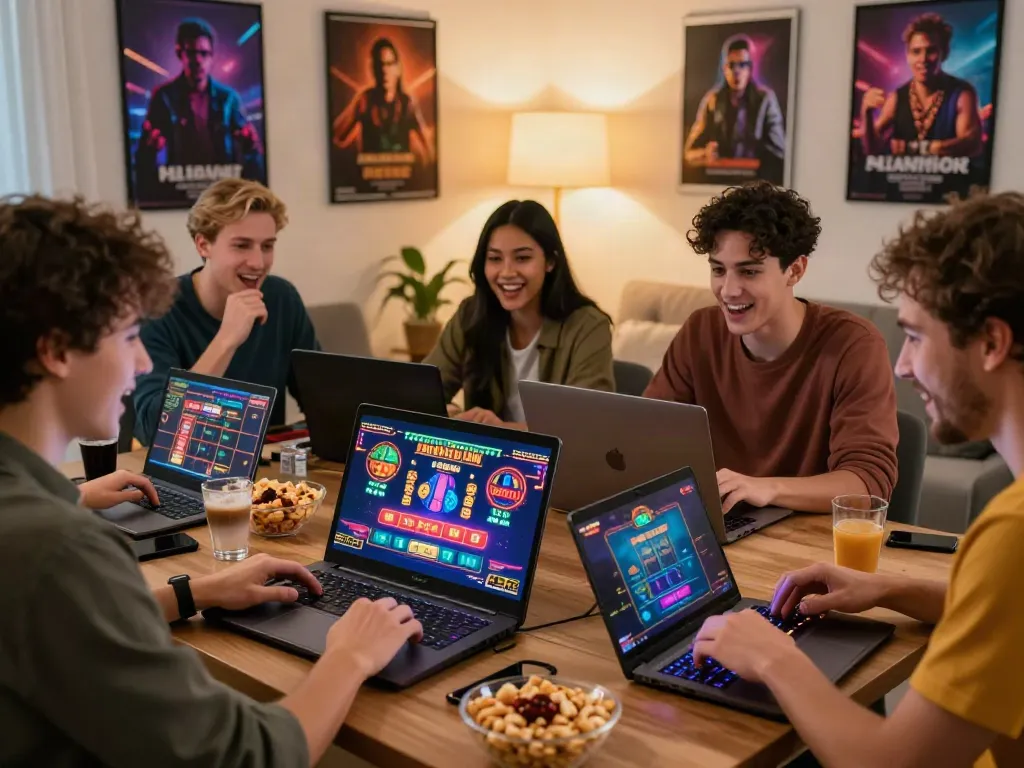 Diverse friends enjoying a gaming night at home on platforms not on GamStop.