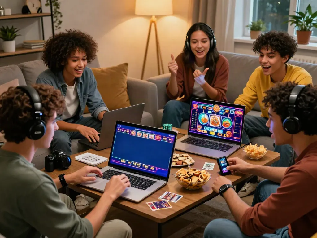 Friends exploring online casinos not on GamStop in a cozy living room