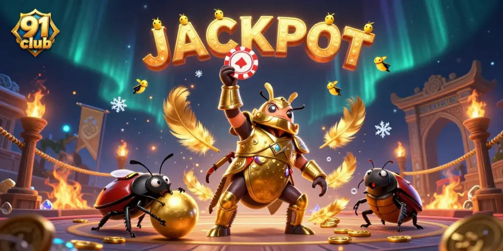Experience thrilling wins in the 91 club with the beetle hero lifting a poker chip!