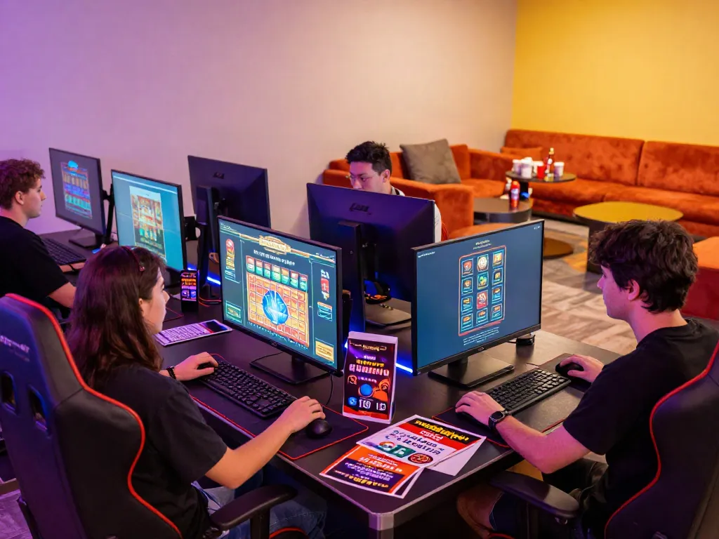 Exciting gaming lounge scene showcasing players at computers exploring casinos not on GamStop.