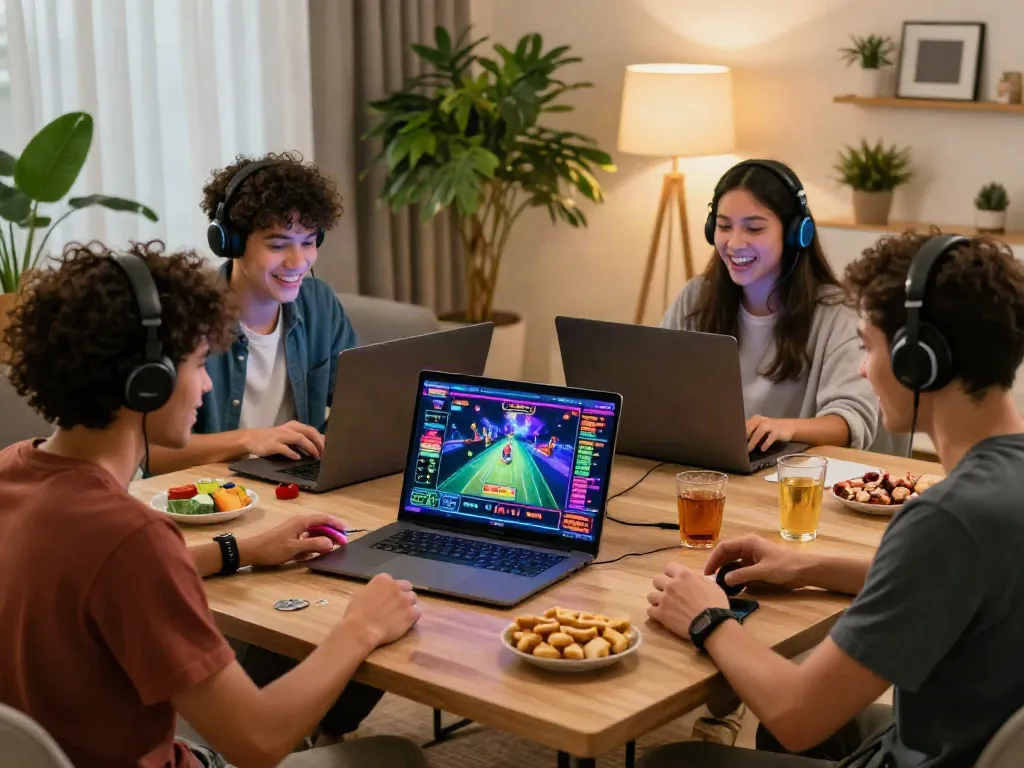 Friends enjoying gaming experience not on GamStop in modern living room.