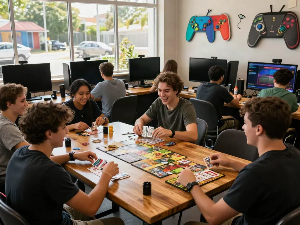 Gaming lounge with friends enjoying card games not on gamstop, lively atmosphere.