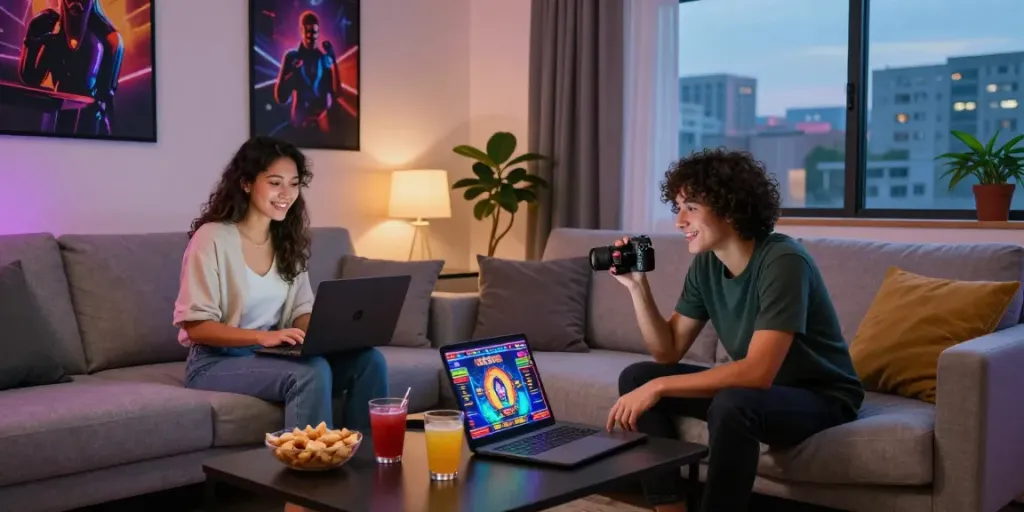 Couple gaming at home on casinos not on GamStop, cozy atmosphere with laptops and snacks.