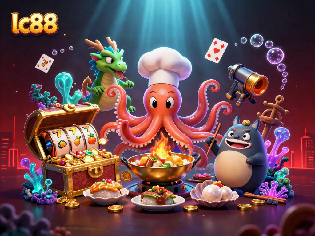 Engage with lc88's vibrant casino-themed illustration featuring popular slots and characters.