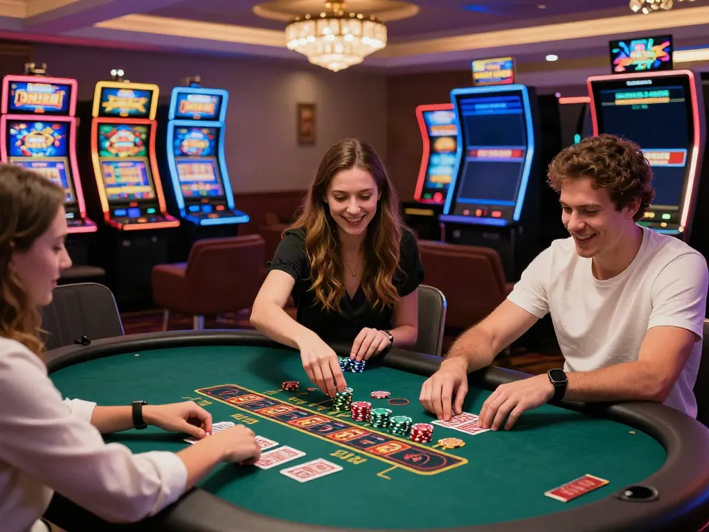 Exciting online casino scene showcasing friends playing table games at casinos not on GamStop.