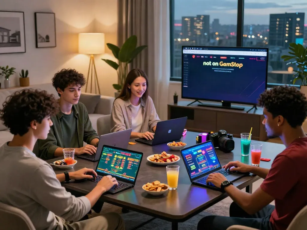 Group of friends enjoying online gaming on 'not on GamStop' casinos in modern living room.