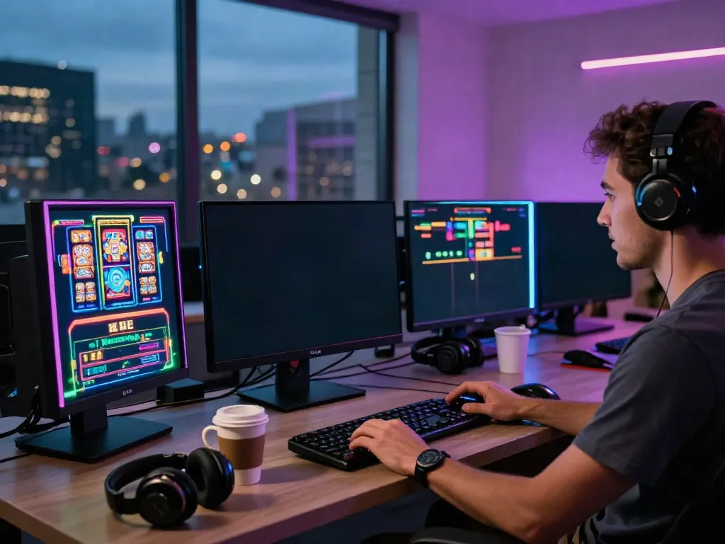 Individual engaging with online gaming at home office, not on gamstop.