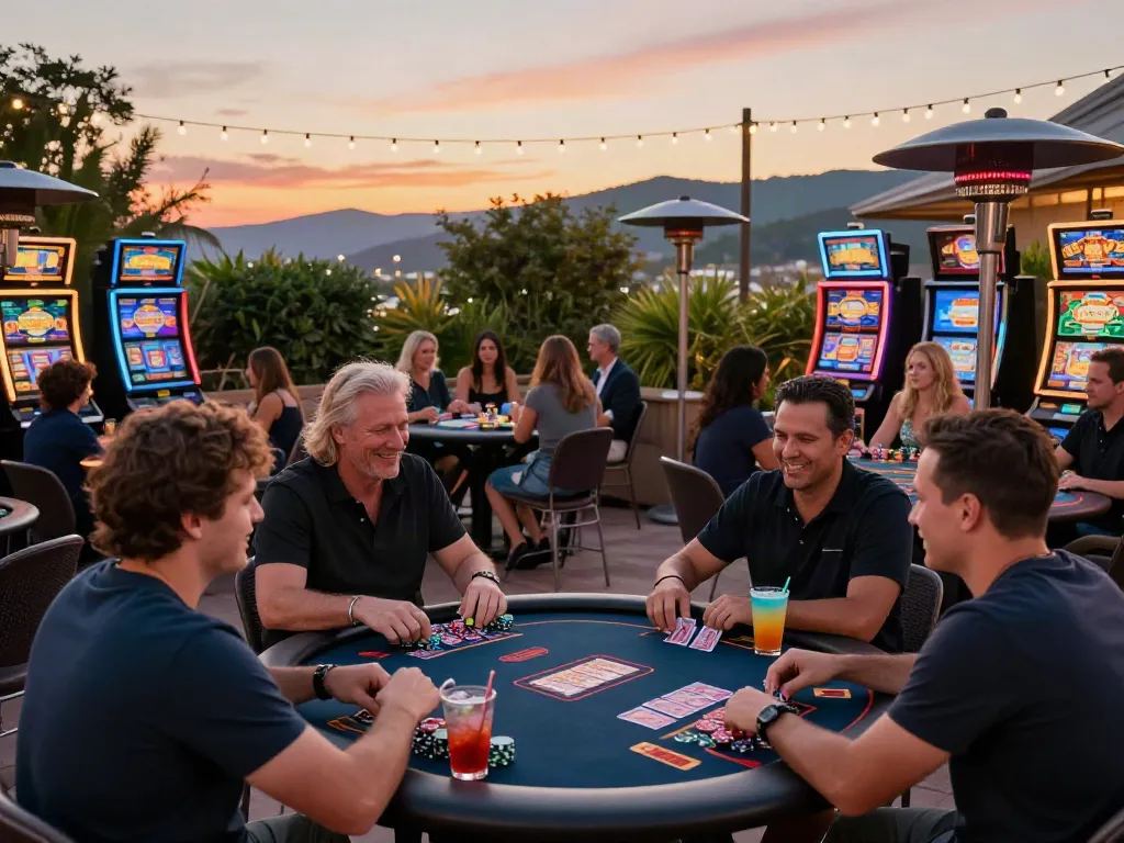 Gathering of friends at a vibrant outdoor casino terrace enjoying gaming, showcasing casinos not on gamstop.