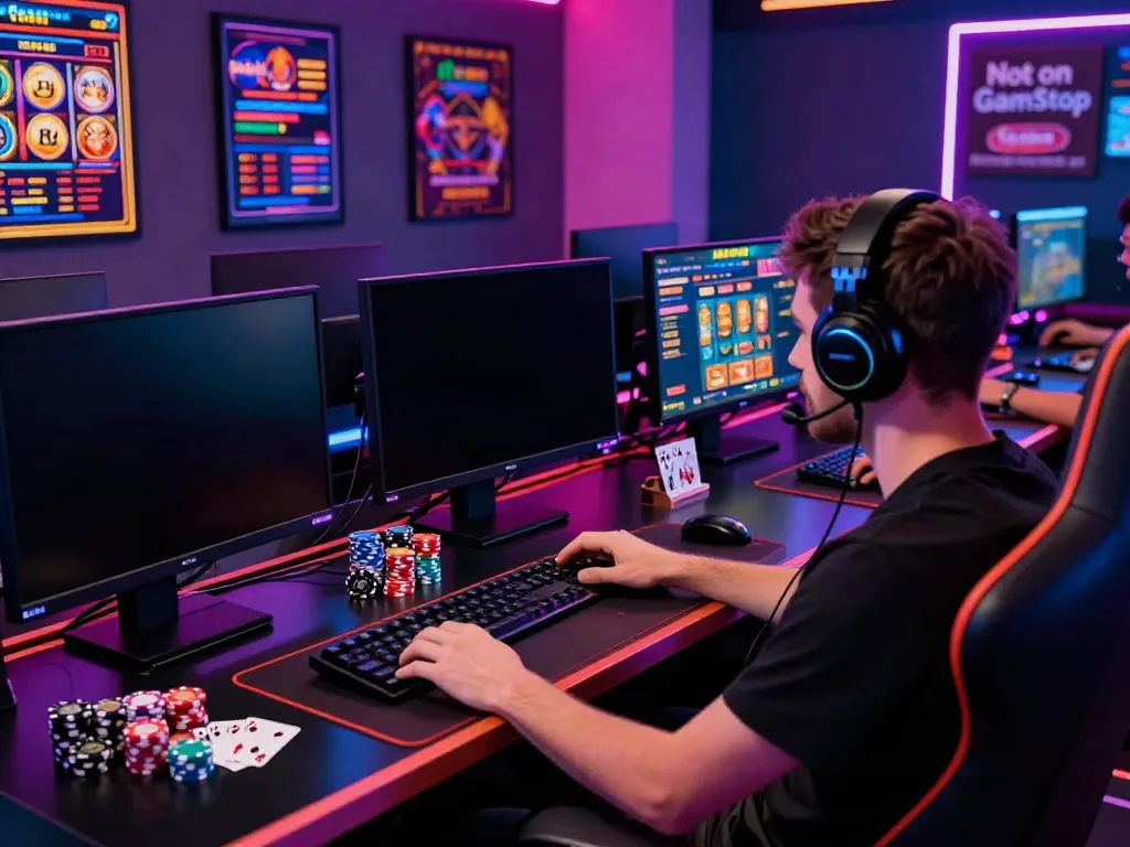 Gamer exploring casinos not on GamStop with vibrant screens and gaming accessories