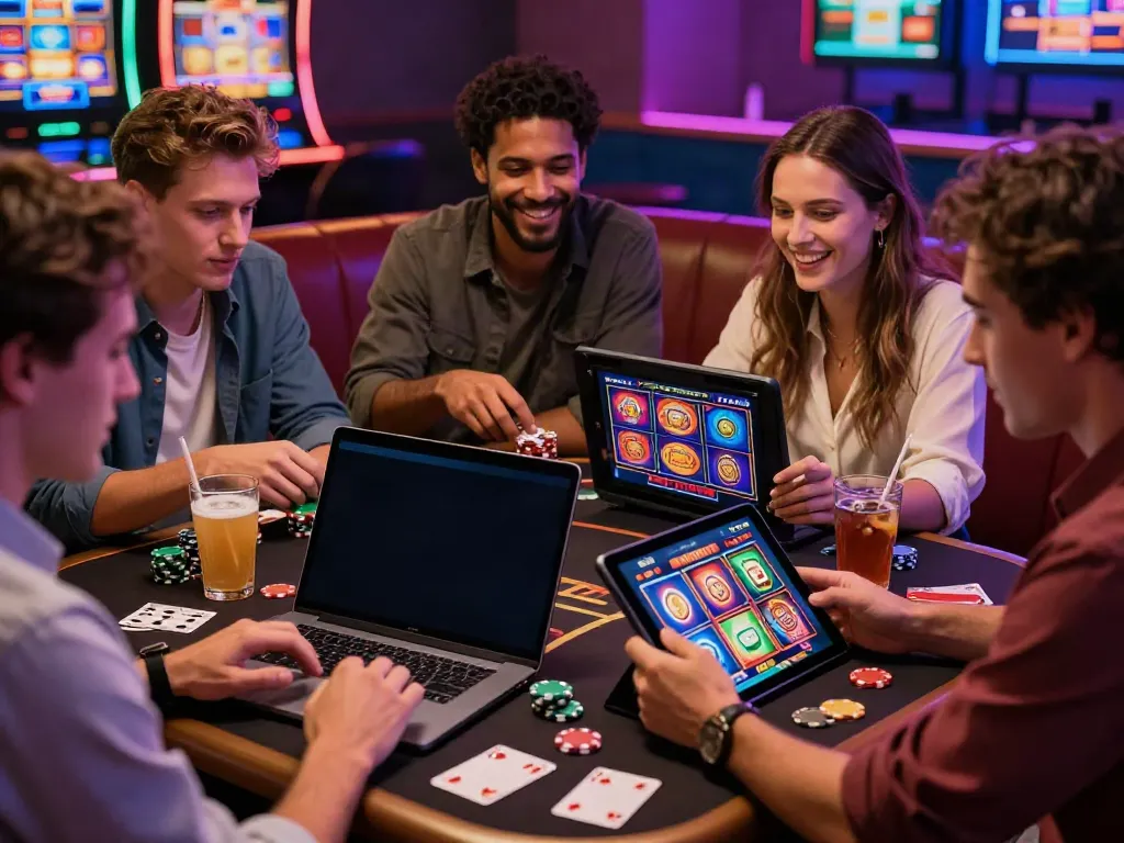 Friends enjoying casino games not on GamStop at a vibrant online lounge.