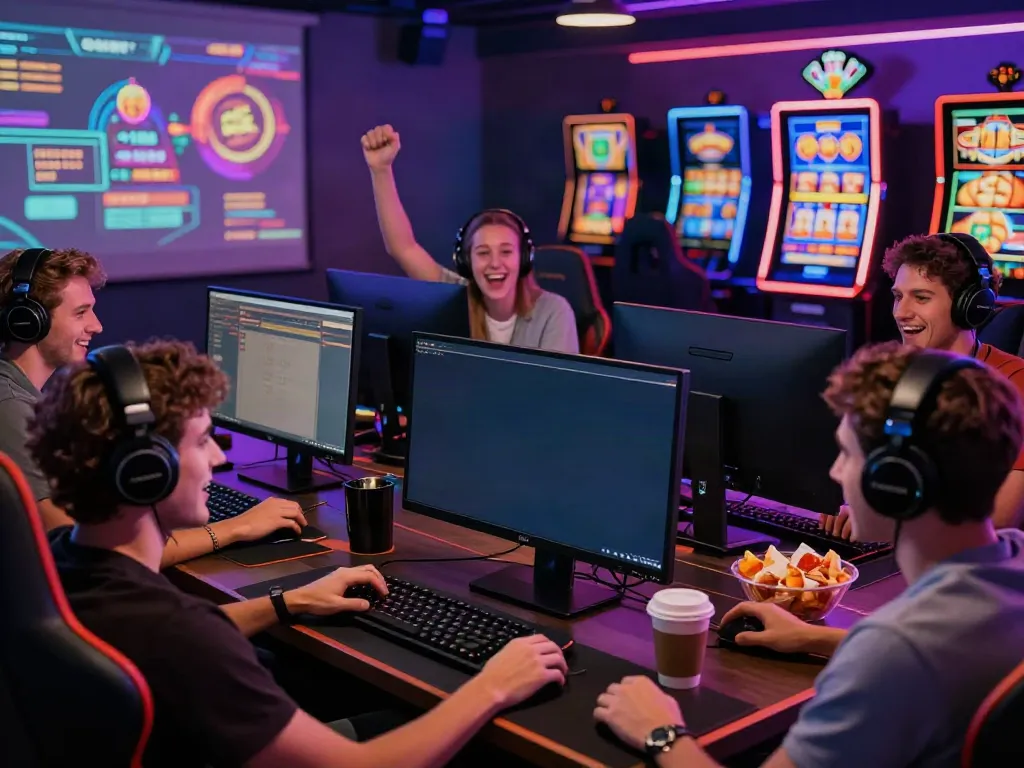 Friends playing online casino games not on gamstop, celebrating wins in a lively setting.