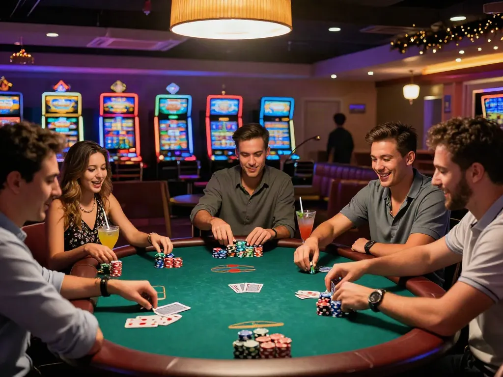 Friends playing cards at a lively casino, representing the excitement of sites not on gamstop.