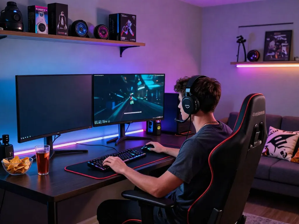 Gaming room setup featuring an individual engaged in online gaming, showcasing the experience of playing at casinos not on gamstop.
