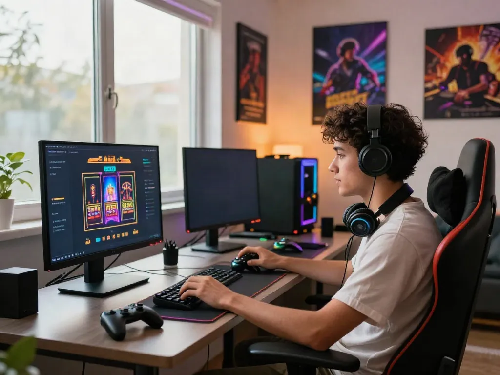 Gamer enjoying a thrilling online casino experience not on gamstop in a cozy home setup.