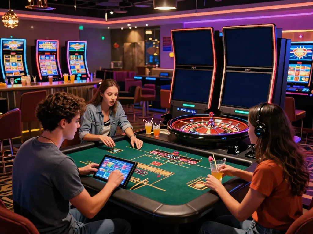 Friends enjoying a game night at a casino not on gamstop, showcasing vibrant atmosphere and gaming excitement.
