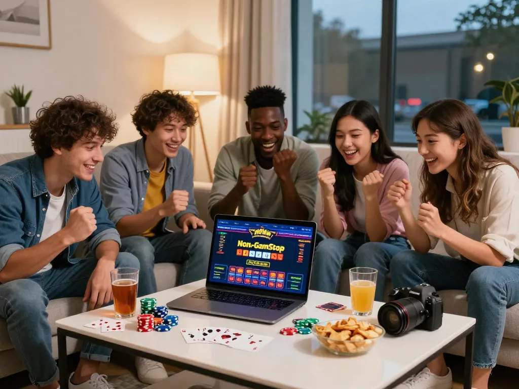 Friends enjoying gaming together on a lively non-GamStop casino site.